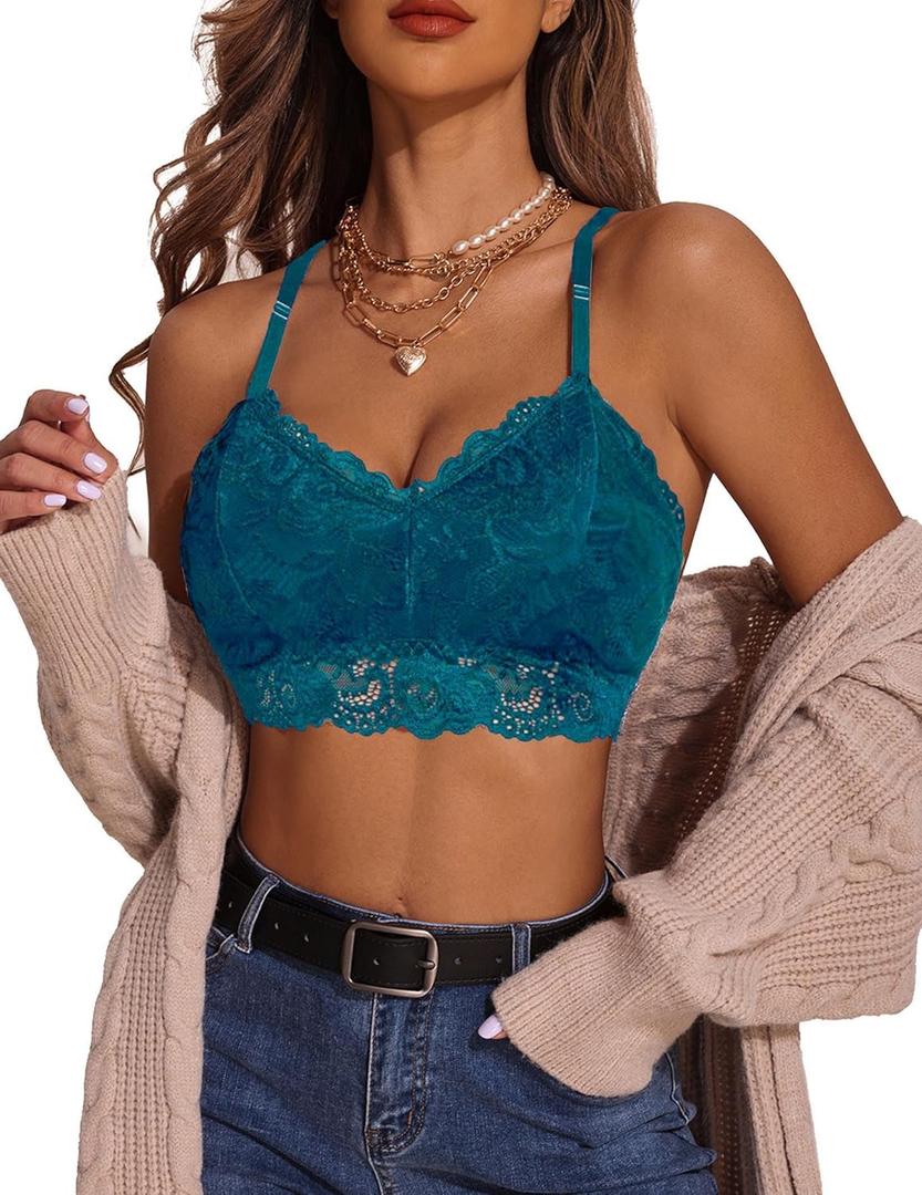 Avidlove Lace Bralettes for Women Padded Bralette Camisole Racerback Crop Top Floral Lace Bralettes V Neck (X-Large, Bluish Green)