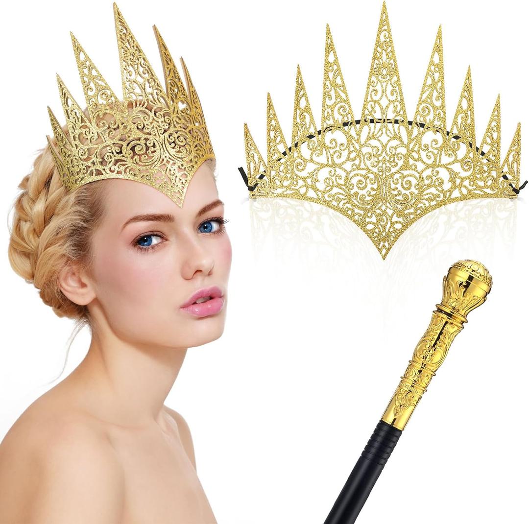 Hicarer 2 Pcs Women Queen Crown Set Royal Die Cut Glitter Crown Cane Witch Costume Accessory for Halloween Party (Gold)