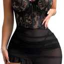 Girece Sexy Lingerie for Women Babydoll Dress with Underwire Push Up Bra Lace Chemise Ruffle Hem Sleepwear(Black, XXL)