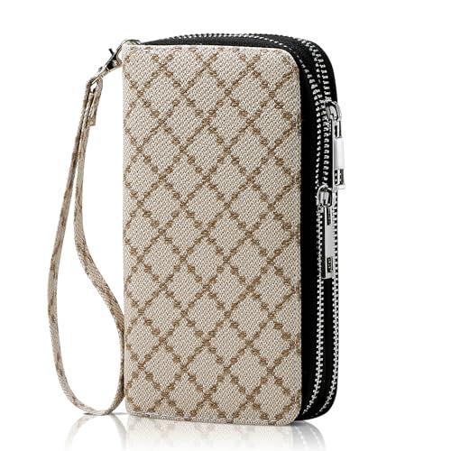 HAWEE Cellphone Wallet for Women Dual Zipper Long Purse with Removable Wristlet, Khaki Grille