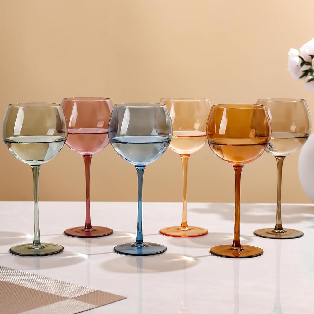 Balloon Colored Wine Glasses Set of 6, 15oz Hand Blown Colorful Crystal Glassware with Long Stem, Red White Wine Stemware Gifts for Wedding,Birthday Party,Christmas, HouseWarming-Multicolour