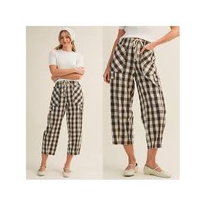 Women's Gingham Pants High Waisted Wide Leg Casual Checkered Trousers with Pockets Summer Travel Loose Outfits, Large