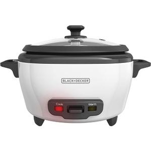 BLACK+DECKER Rice Cooker 6Cup (Cooked) with Steaming Basket, Removable NonStick Bowl, White