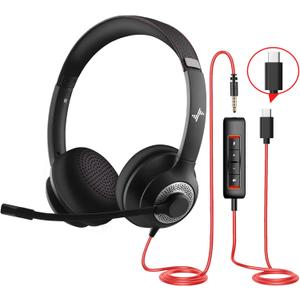 JIAMQISHI USB Headset with Microphone for PC, On-Ear Computer Laptop Headphones with Noise Cancelling Mic in-line Control for Home Office Online Class Zoom (Type C+3.5mm, Black)