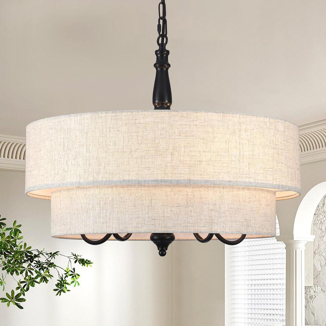 Black Chandelier for Dining Room Modern Farmhouse Drum Chandeliers Two Tiered 5 Light 21.25’’ Inch Hanging Pendant Light for Entryway Kitchen Island Hallway Foyer Stairway Living Room