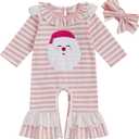 Newborn Baby Girl Christmas Outfit Santa Claus Romper Long Sleeve Striped Jumpsuit Infant Flared Pants with Headband (Pink, XS)