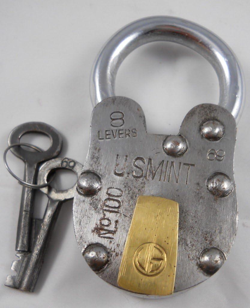 Antique Style U S Mint Padlock w/ 2 Skeleton Keys