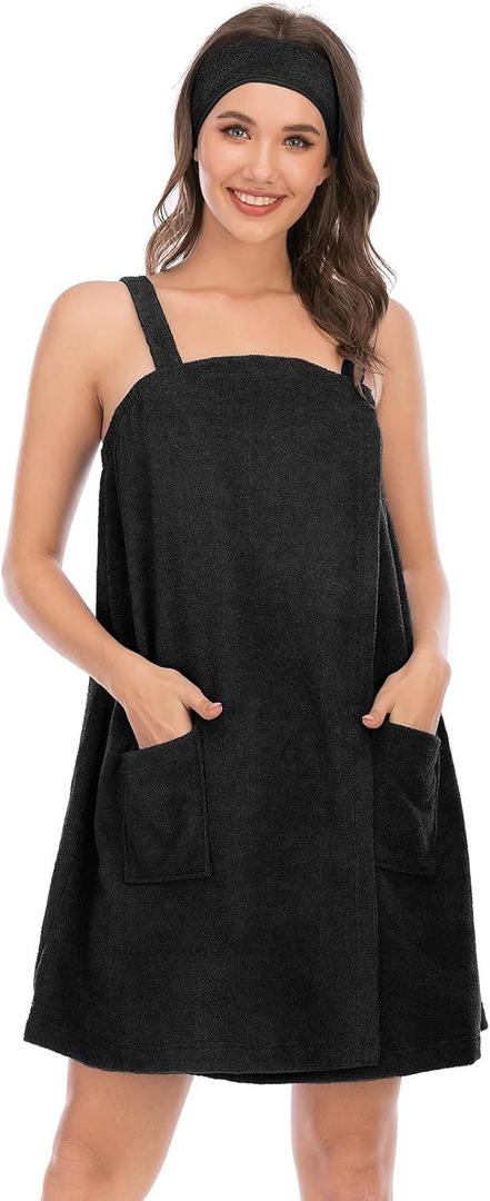 Veseacky Women Bath Wrap Towel for Womens Shower with Pocket Adjustable Spa Robe & Facial Headband (Black, L)