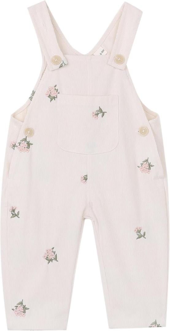 Baby Girl Overalls Corduroy with Floral Embroidery,Beige Toddler Jumpsuit Romper,Soft Overall for Girls (9-12 Months)