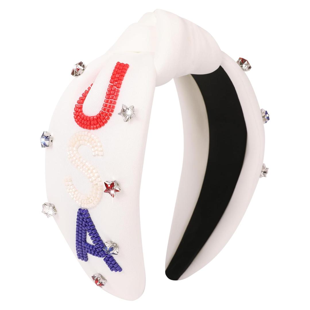 2 x 4th of July USA Beaded Headbands for Women Girls Red White Blue American Flag Headband Knotted Crystal Pearl Patriotic Hairband American Fourth of July Accessories Gifts