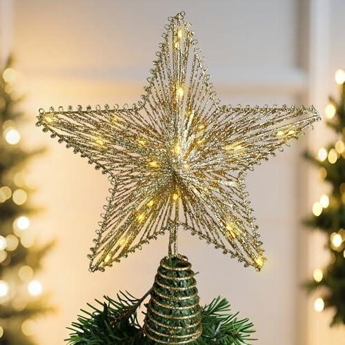 Christmas Tree Topper Star 12 Inch Gold Glitter Hollow Star Tree Topper Metal with Warm White 30 LED Lights for Xmas Decorations Ornaments Indoor Decor Holiday Party
