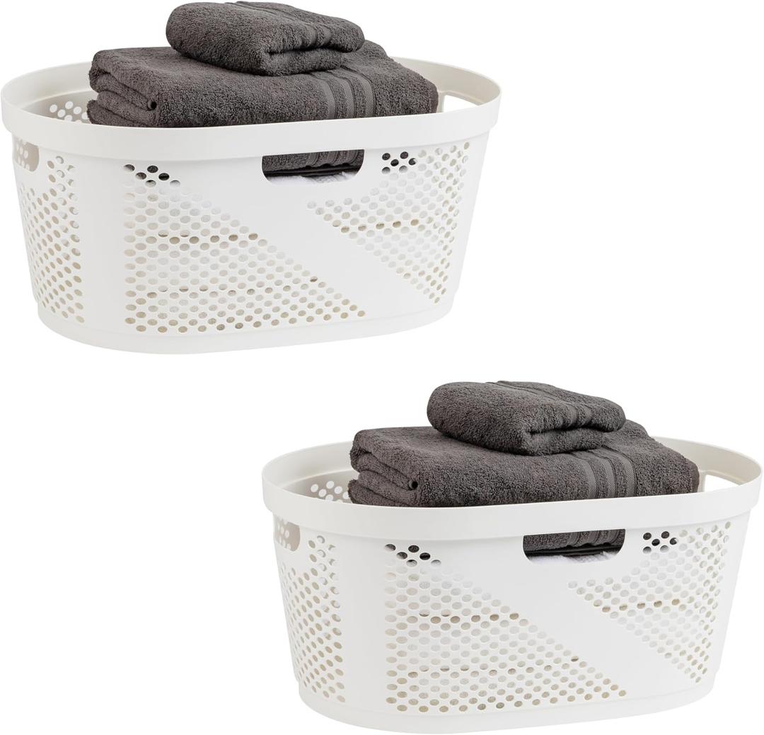 Mind Reader 40L Ventilated Laundry Baskets, Lightweight Clothes Hamper with Cutout Handles for Bathrooms and Closets, Plastic, Set of 2, White