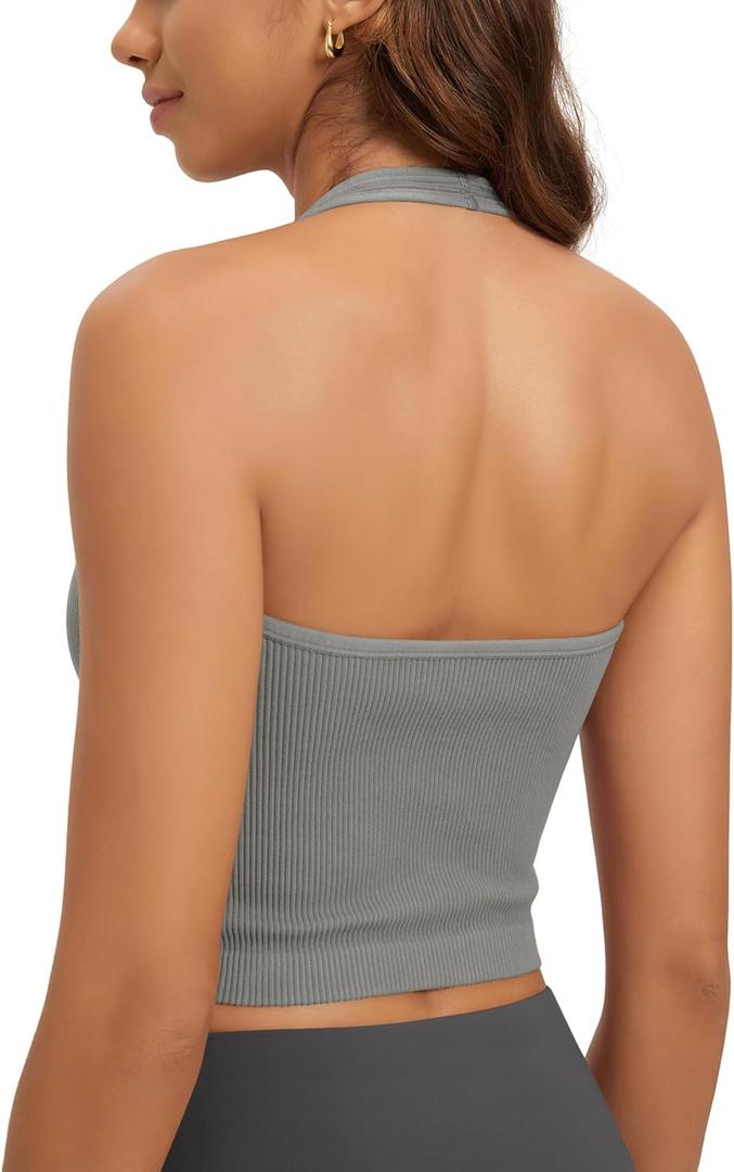 ODODOS Seamless Halter Crop Tops for Women Ribbed Soft V Neck Open Back Cropped Tank Top, 1-Pack, Gray, Medium-Large (Gray)