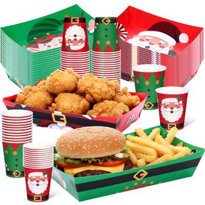 Acellegic 100 Pcs Christmas Disposable 9 oz Paper Cups and Large 10 x 7 '' Christmas Paper Food Trays Serving Plates Xmas Disposable Dinnerware Party Supplies Kit for Winter Holiday Xmas Party