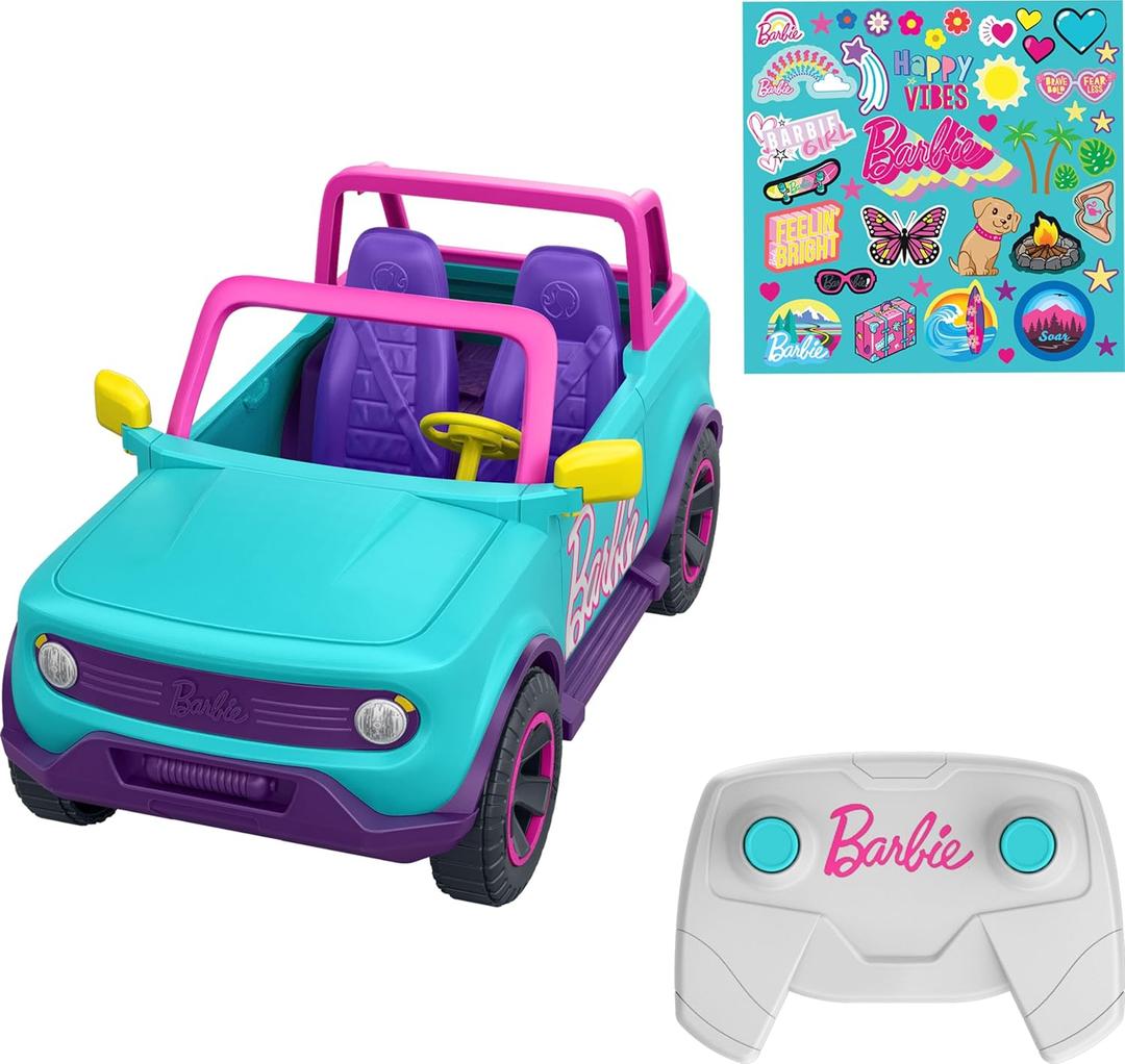 Hot Wheels Barbie RC SUV, Remote-Control Vehicle That Fits 2 Fashion Dolls & Accessories, Includes Kid-Applied Stickers for Customization