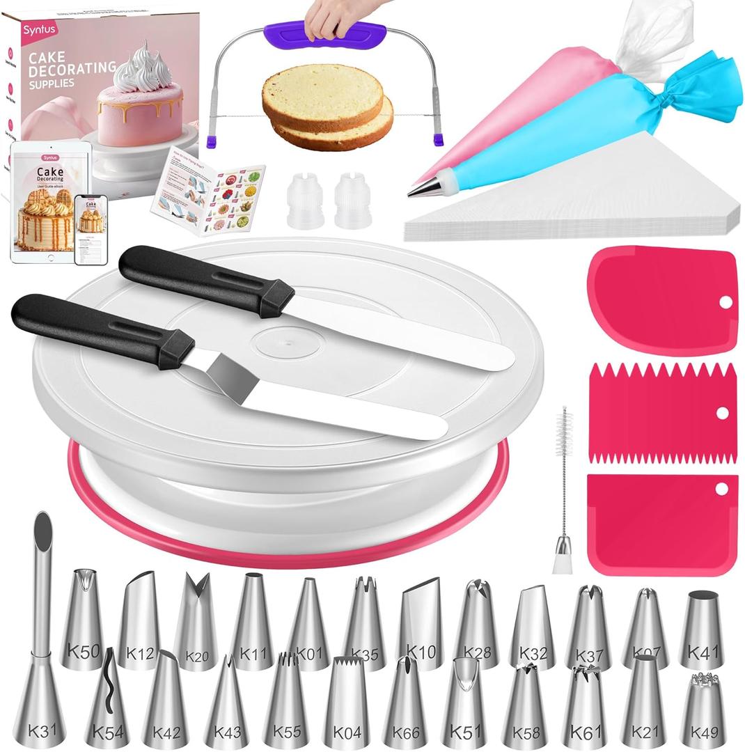 Syntus 65 PCs Cake Decorating Kit with Cake Stand Turntable, Cake Baking Supplies 30+1 Piping Bags, 24 Piping Tips, Offset & Straight Spatulas, 3 Scrapers, Leveler, 2 Couplers & 1 Tips Brush (Rose Pink)