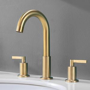 Modern 3 Hole Widespread Brushed Gold Bathroom Faucet, Brushed Brass Gold Vanity Faucet with 2 Handles, Pop Up Drain Stopper