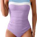 Aidonger Women's Ribbed One Piece Swimsuits Color Block Tummy Control Bathing Suit Slimming 1 Piece Swimwear (XX-Large, Blue-white-purple)