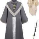 Wizard Costume Men Adult 5PCS Funny Halloween Grey Wizard Robe Costumes Deluxe Mens Cosplay Party Sorcerer Outfit (Small)