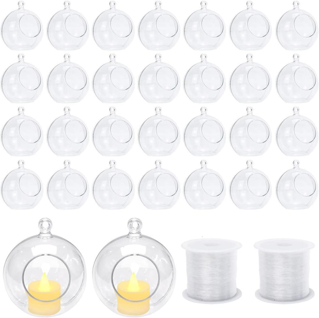 30 Pcs Hanging Candle Holder Clear Plastic Terrarium Globe Hanging Tea Lights Candle Holder for Plants Wedding Christmas Party Centerpiece Decor, 260 Ft Fishing Line, 3.54 inch