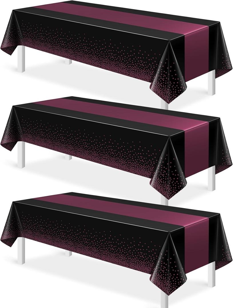 3Pcs Black and Maroon Purple Tablecloth Party Decorations,Plastic Black Table Cloth Printed Maroon Purple Table Runner Disposable Rectangle Table Cover for Birthday Wedding Graduation Party,54x108Inch