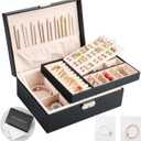 Jewelry Boxes for Women Girls 2 Layers leather Jewelry Organizer Case with Lock Storage Box Removable Tray for Necklace Earring Ring with Polishing Cloth and Jewelry Bags (Black)