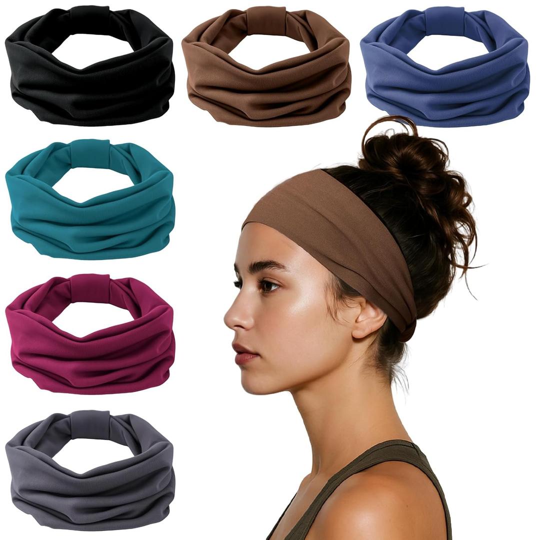 HSEM Headbands for Women, Wide Elastic Head Bands, Non-Slip Thick Hair Bands, Sports Stretchy Sweat Bands, Large Knotted Soft Headband, Gray Burgundy Green Black Coffee Navy