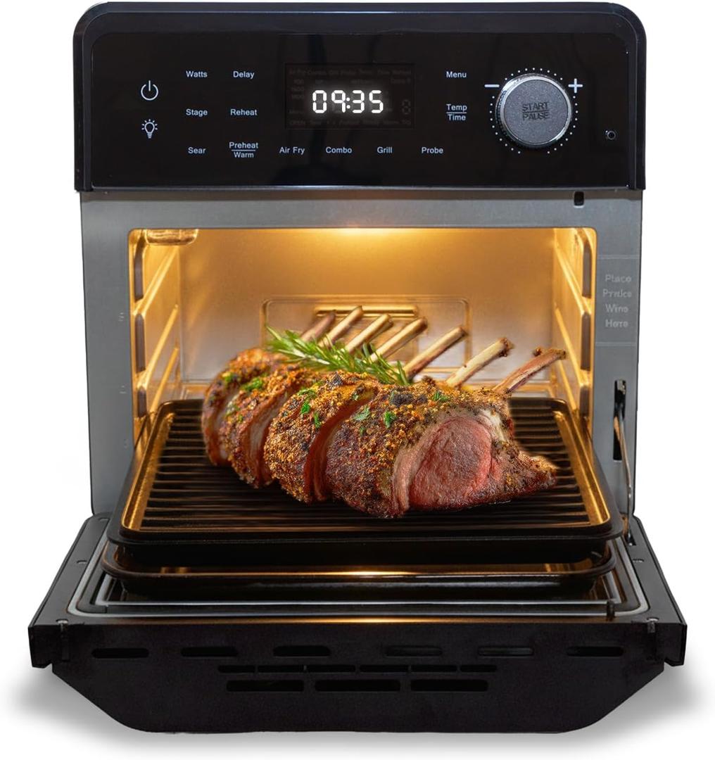 Nuwave 2026 Air Fryer Oven & Grill Comb, Plug-in Powered Grill Plate for True Char Flavor & Marks, 2-Layer Glass Door, Cooler Exterior, 150 Presets, Temp Probe, 500F, Stainless Steel, 700/1500/1800W, 15.5qt Capacity