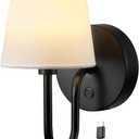 Globe Electric 65000132 Rechargeable Battery Wall Sconce, Integrated LED, Matte Black Finish, White Fabric Shade, 3-Step Touch Dimming, Timer, USB-C Charging, Wireless Modern Lighting