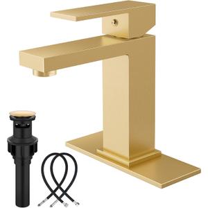 Midanya Bathroom Faucets 1 Hole, Single Handle Stainless Steel Bathroom Sink Faucet, Modern Vanity Faucets with Deck Plate,Water Supply Hoses and Pop Up Drain,Brushed Gold