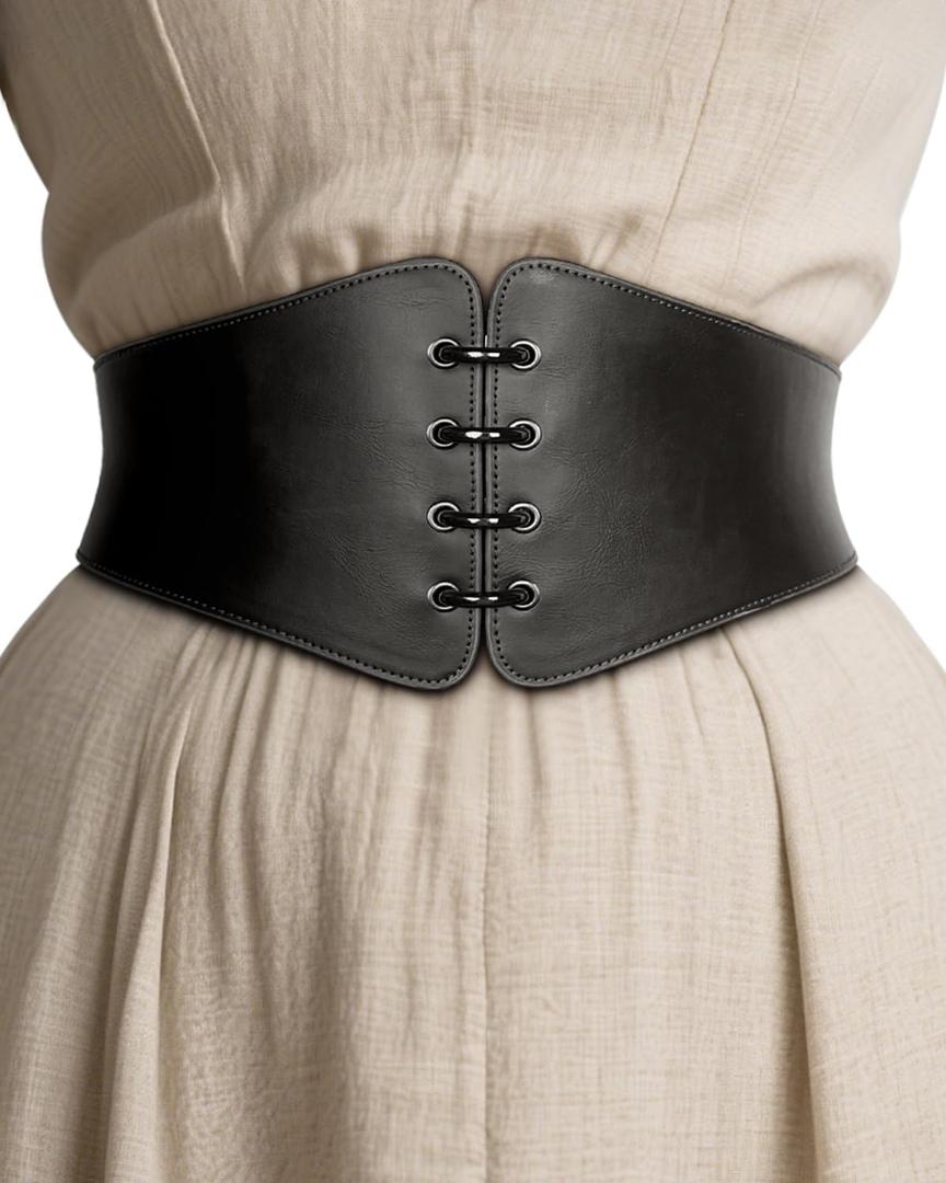 L'VOW Viking Leather Corset Belt Women - Renaissance Cinch Belt Halloween LARP Medieval Daily Wear (Black, XXL)