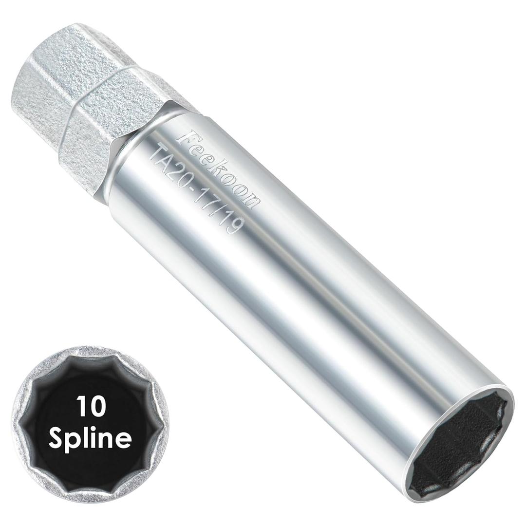Feekoon 10 Spline Lug Nut Key Replacement for TA20-17/19, Compatible with Bimecc 10-Spline Lug Nut and Lug Bolts, Passenger w/ 17MM and 19MM Hex Drive, Steel(Silver,1 Pack)