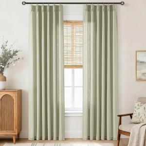 Sage Green Pinch Pleated Long Linen Curtains 96 inch Length 2 Panels Set Living Room Curtains for Track System Neutral Modern Elegant Light Filtering Semi Sheer Linen Blend Pinch Pleat Drapes 8 FT