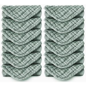 Muslin Burp Cloths 100% Cotton Large 20''x10'' Extra Soft and Absorbent Baby Wash Cloths Spit Up Rags - Baby Burping Cloth for Boys Girls Items(12 Pack Green)