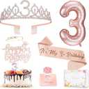 3rd Birthday Decorations for Girls, Including 3 year old Birthday Cake Topper, Queen Sash with Pearl Pin, Sweet Rhinestone Tiara Crown, Number Candles and Balloons Set, Rose Gold