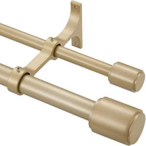 Double Curtain Rods Light Gold, Double Drapery Rod 36-72 Inch, Double Curtain Rods with Cap Finials, Adjustable 1 Inch Front and 5/8 Inch Back Dual Curtain Rod, Light Gold Double Window Rods