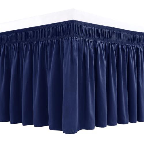 Biscaynebay Wrap Around Bed Skirts for Full & Full XL Beds Short Drop of 12", Navy Adjustable Elastic Dust Ruffles Easy Fit Wrinkle Resistant Silky Luxurious Fabric Machine Washable