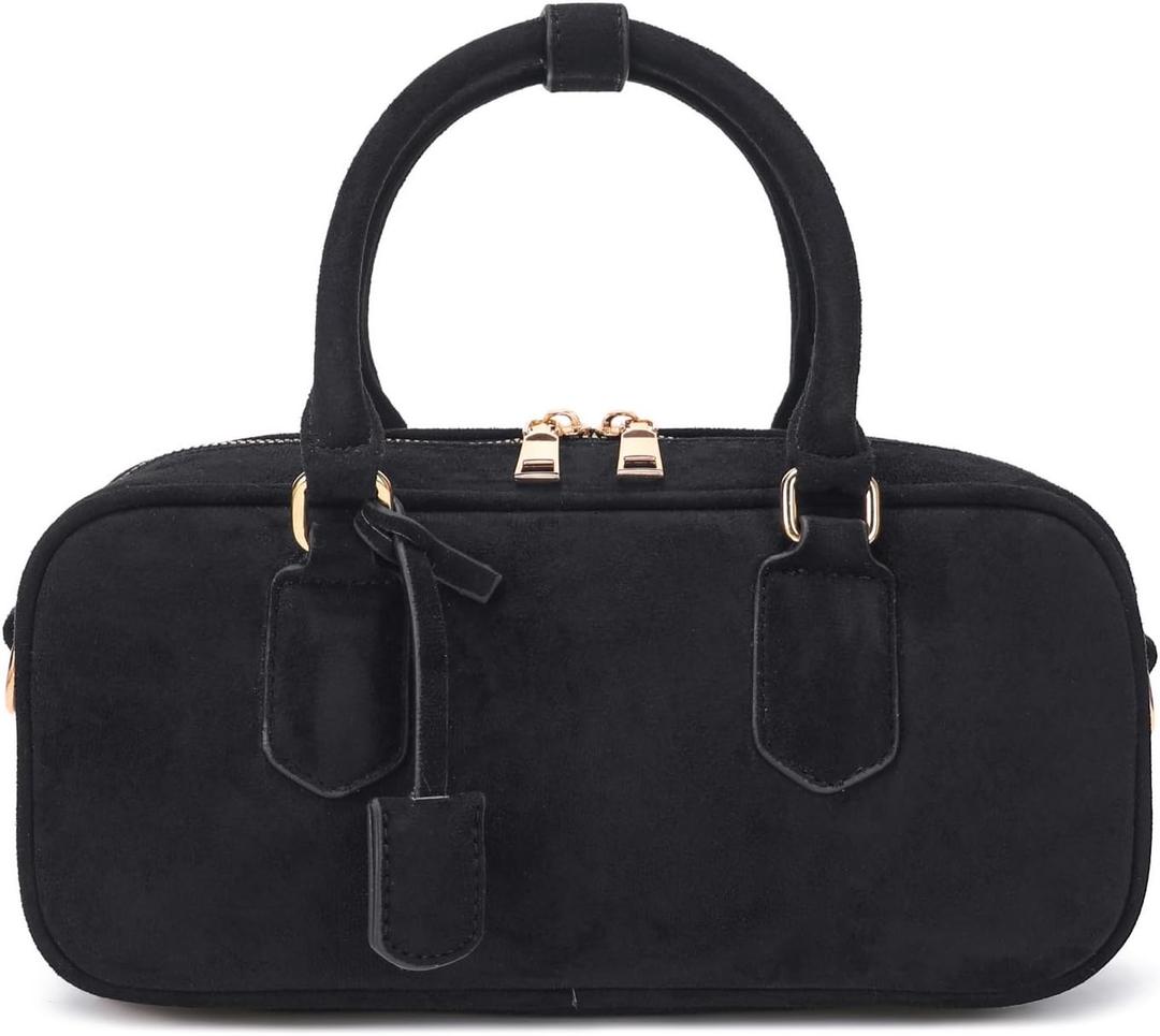 JOLLQUE Faux Suede Crossbody Bag for Women, Autumn Winter Handbags Purse, Fashion Small Designer Shoulder Barrel Bag (Black)