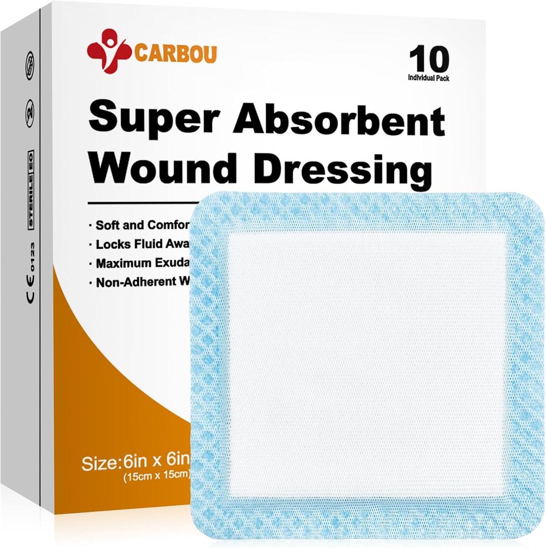 Carbou Super Absorbent Wound Dressing Pads 6"x 6", 10 Individual Pack, Non Adhesive Absorbent Bandages, Soft Highly Absorbent Dressing, Non Stick Gauze Pads for Heavily Exuding Wound Care