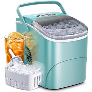 AGLUCKY Ice Makers Countertop with Handle,26.5Lbs/24H,9 Cubes in 6 Mins,2 Sizes of Bullet Ice,Portable Machine with Self-Cleaning,Perfect for Home Kitchen(Green)
