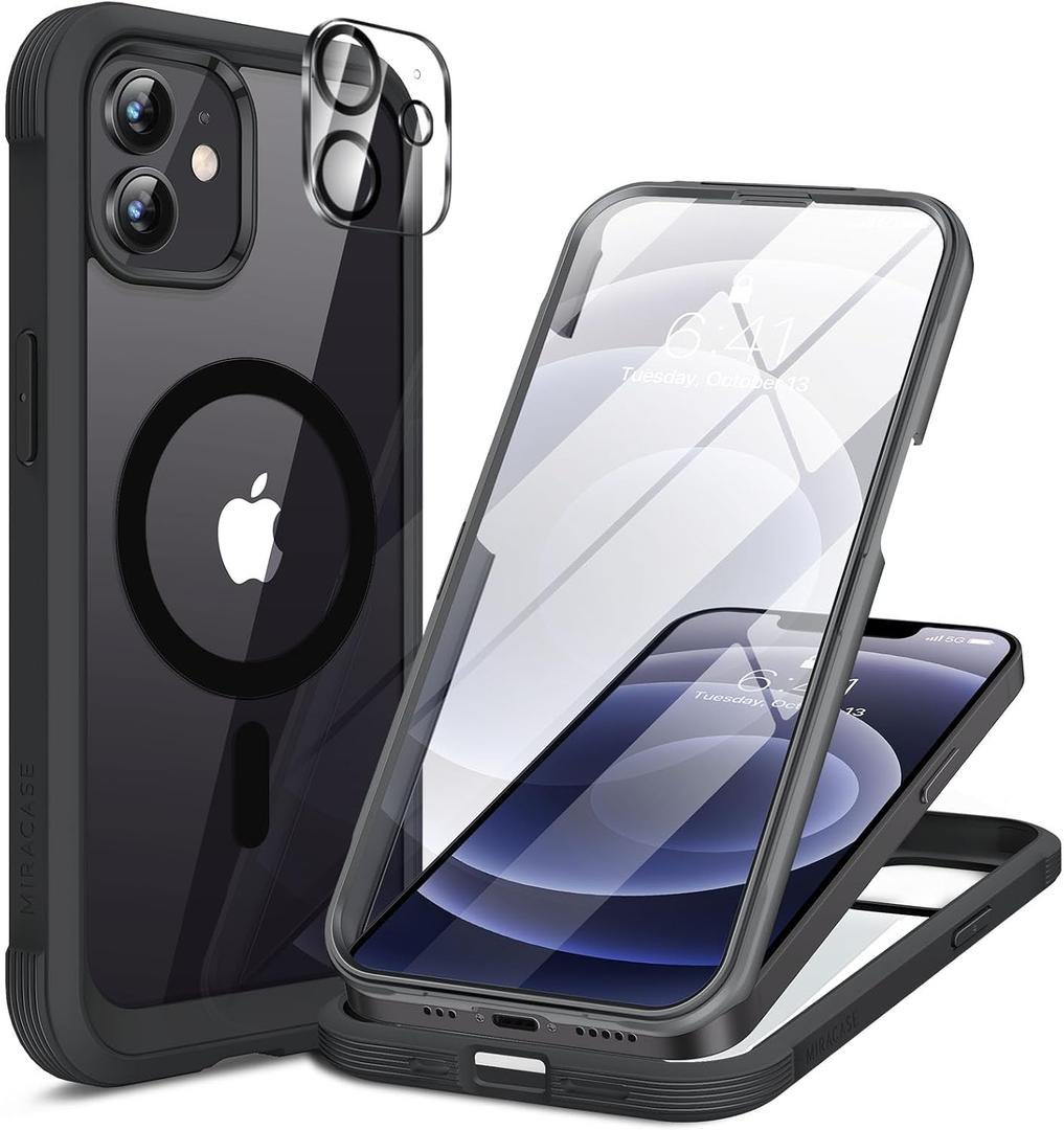 Miracase Magnetic for iPhone 12/12 Pro Case 6.1 inch, (Compatible with MagSafe) Upgrade Full-Body Clear Phone Bumper Case with Built-in 9H Tempered Glass Screen Protector, Magnetic Classic Black