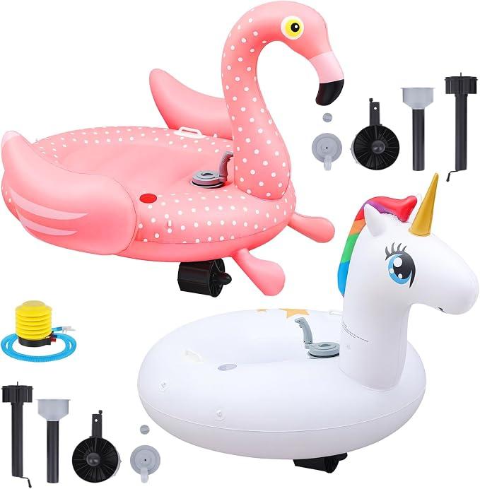 2 Pack Motorized Pool Float for Adult, Inflatable Pool Lounger Chair Pink Flamingo Unicorn River Tube Floating with Pusher Handles Cup Holder and Pump Waterproof for Party Beach Outdoor