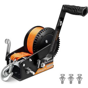 METOWARE 3500LBs Boat Trailer Winch with 33 Ft(10M) Polyester Strap, Hand Winch Heavy Duty Hook 2-Way Ratchet 4:1/8:1 Gear, Portable Hand Crank Winch for Boat, Trucks, ATV, Trailer, Jet Ski