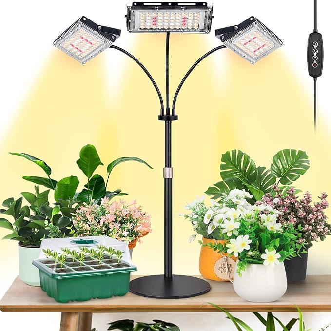 LBW Plant Grow Light, Full Spectrum Tri-Head Desk Plant Light for Indoor Plants, Growing Lamp with 3H/6H/12H Timer, 6-Level Brightness, 3 Lighting Modes, Height Adjustable, Ideal for Indoor Growth