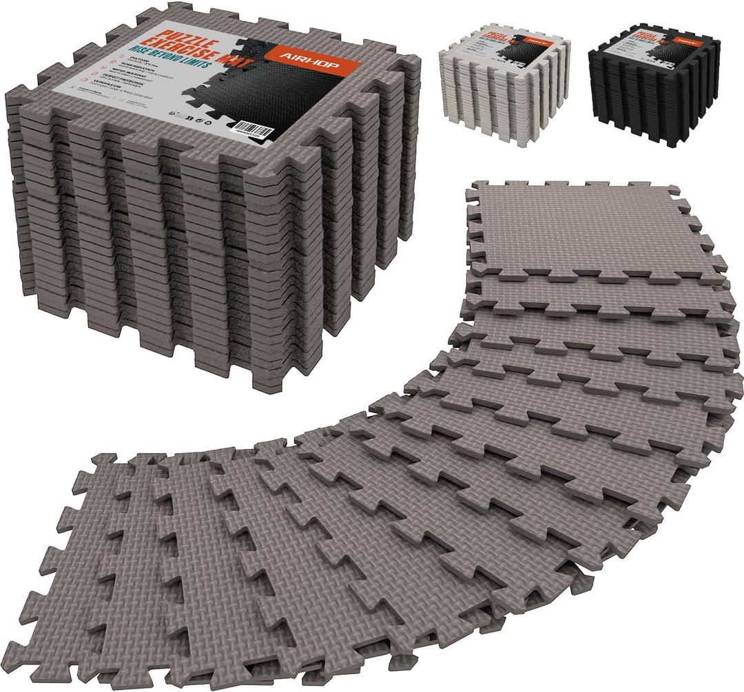 AIRHOP 18 Tiles Gym Floor Mat, EVA Foam Puzzle Gym Mat, High-Density Interlocking Foam Floor Tiles for Home Gym, Play Workout Garage Kitchen Flooring (Brown)