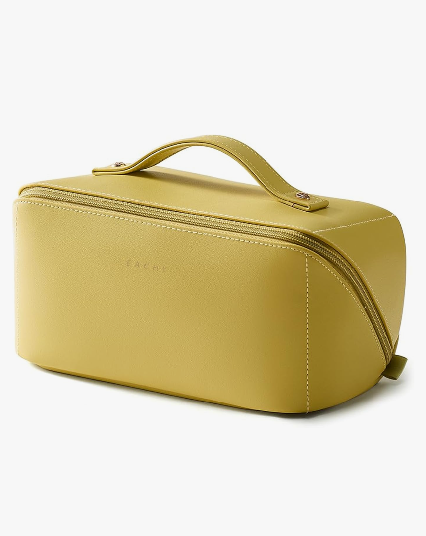 EACHY Travel Makeup Bag, Large Capacity Cosmetic Bag for Women, Waterproof PU Leather, Flat Open Portable Toiletry Bag for Skincare, Brushes & Travel Essentials