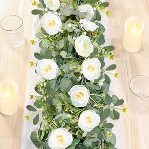 ASTRYAS 2 Pack 6.23Ft Artificial Eucalyptus Garland with Flowers, Fake Rose Garland Greenery Garlands Floral Vines for Wedding Spring Home Party Craft Art Table Runner Decor(White)