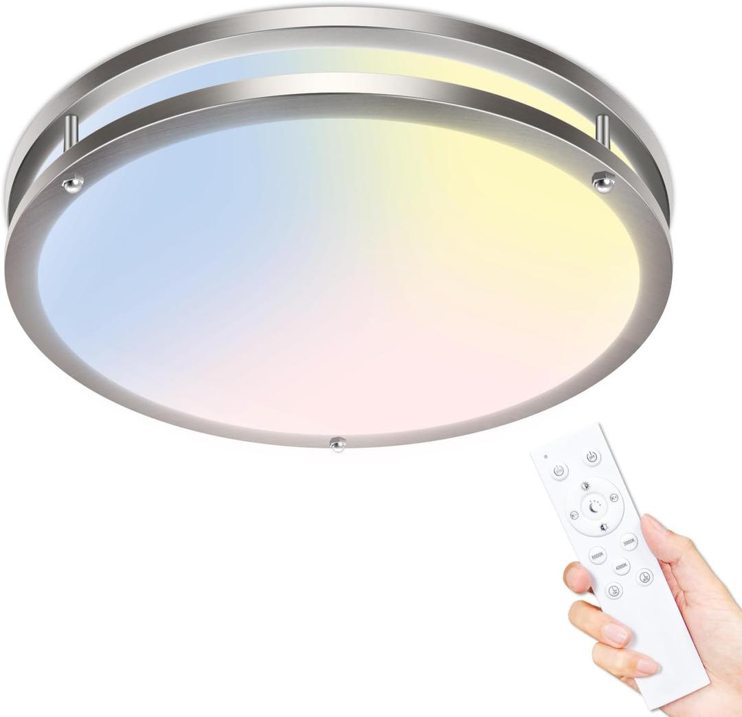libtit 13 Inch Flush Mount Ceiling Lights with Remote, 24W Dimmable LED Ceiling Light with Nightlight and Timer, 3000K-6500K Adjustable Brushed Nickel Light Fixture for Bedroom Kitchen Bathroom