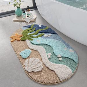 LUMI Beach Bathroom Rugs, Non Slip Bath Mat Ultra Soft Washable Absorbent Quick Dry, Ocean Sea Theme Bath Rug with Starfish Shell for Shower Floor, Kitchen Decor, Kids Room, 22"x34" (Cozy Coast)