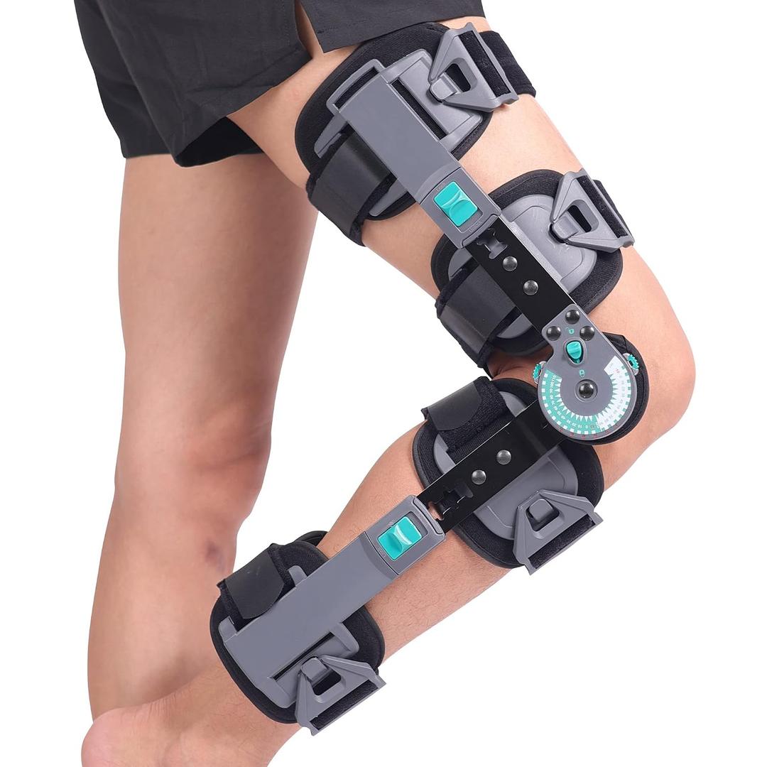 Hinged Knee Brace, ROM Adjustable Post Op Support for ACL MCL PCL Recovery, Professional Knee Immobilizer for Meniscus Tear, Arthritis and Injury Rehabilitation, Universal Size for Left and Right Leg, One Size